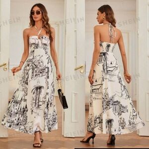 SHEIN Privé Women Sleeveless Dress With Graphic Line Drawing Print